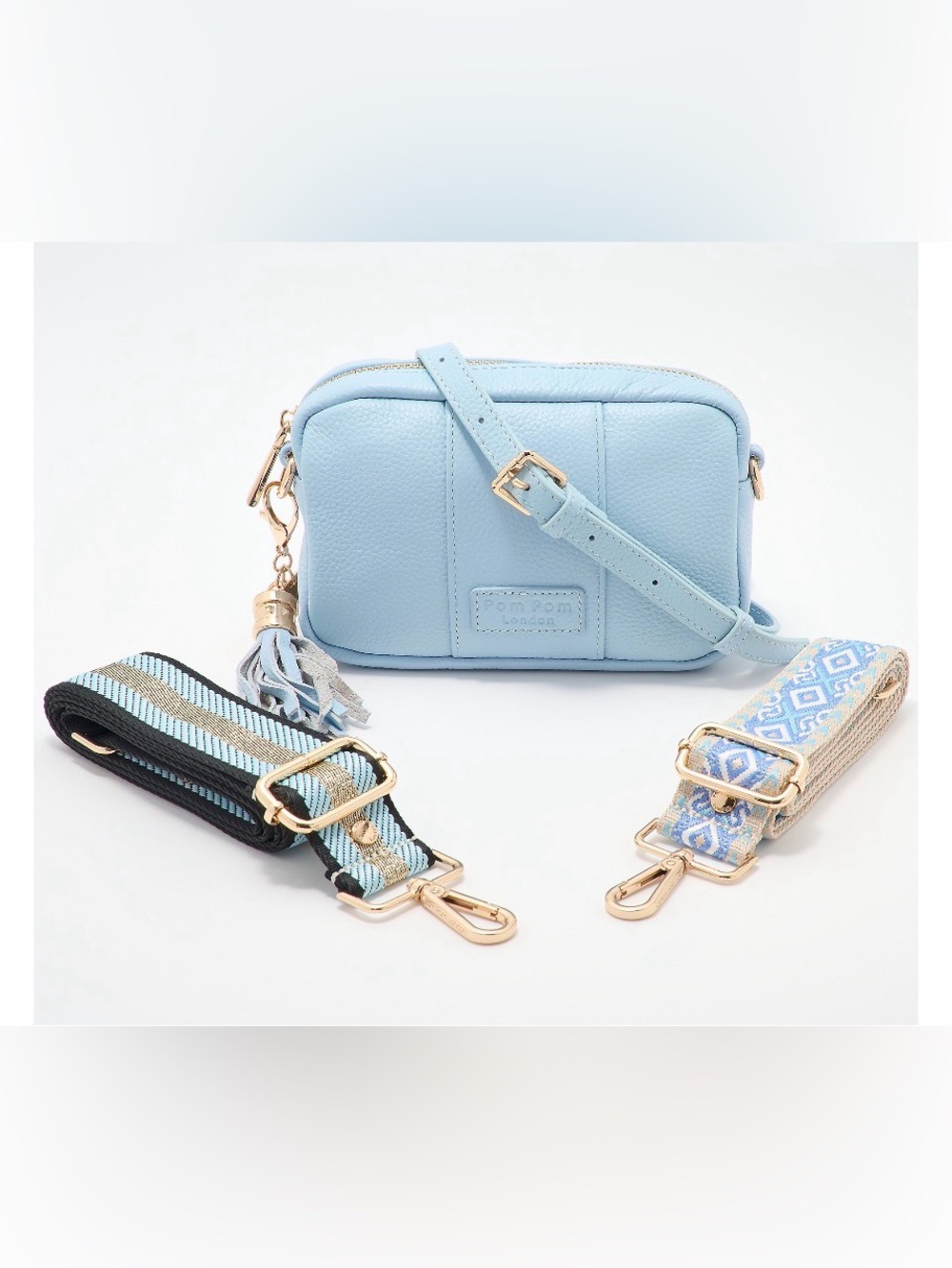 BRAND NEW POM POM LONDON Powder Blue Crossbody Bag with 3 Adjustable Straps